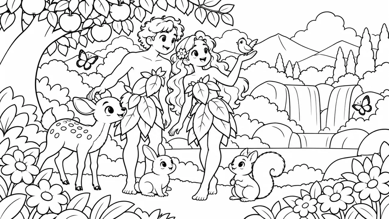 Bible coloring page outline of Adam and Eve in the Garden of Eden