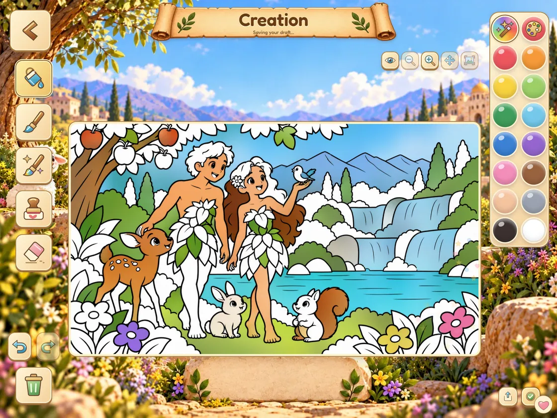 Bible World coloring screen on iPad