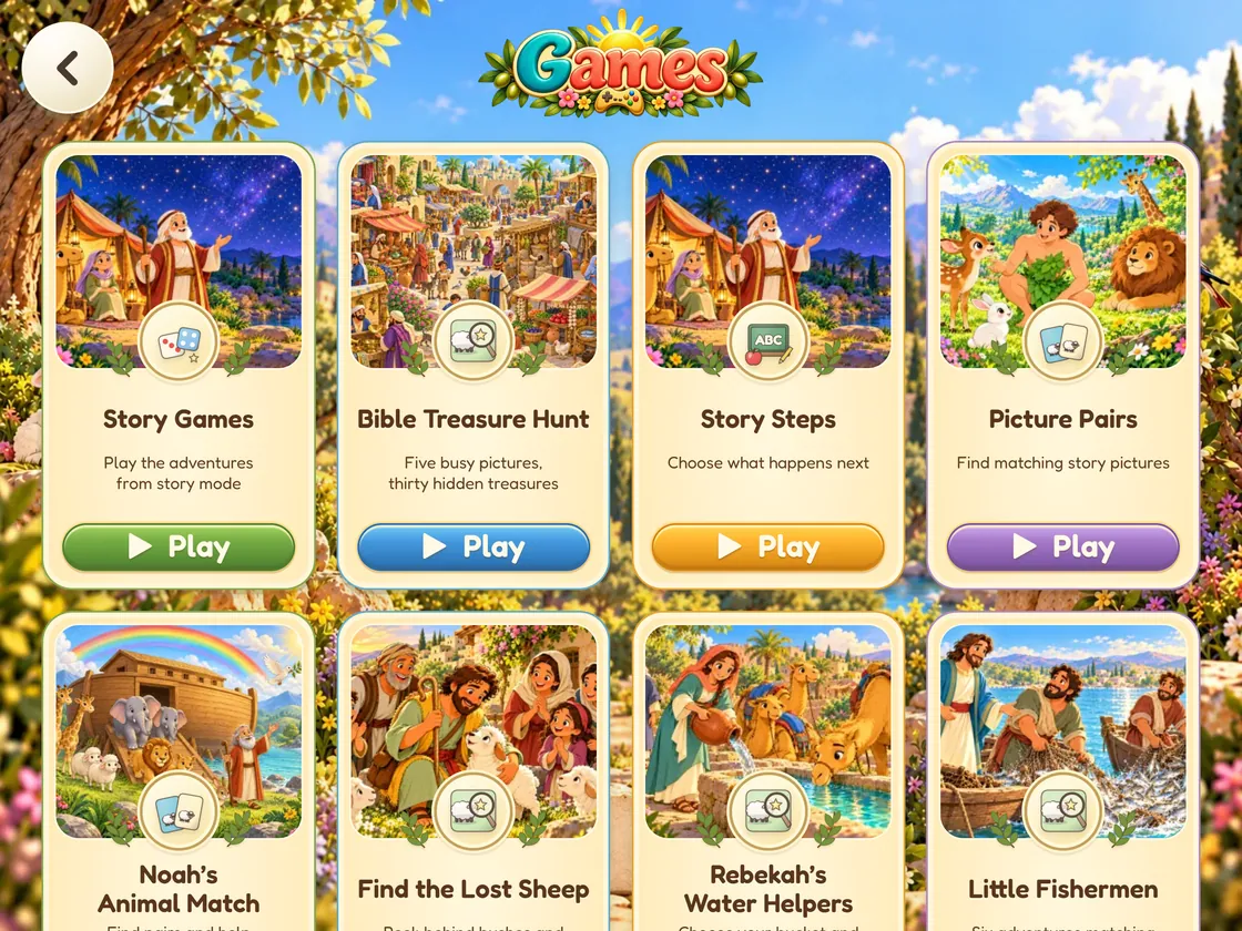 Bible World games menu screen on iPad