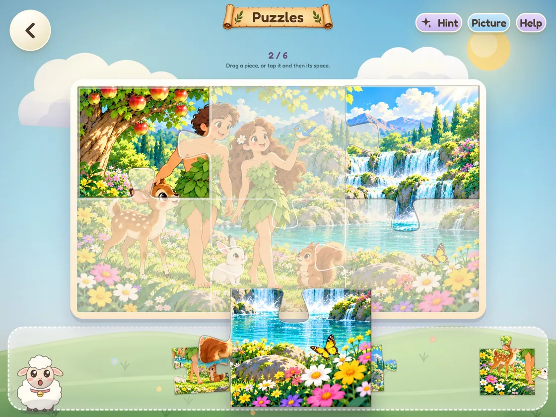 Bible World jigsaw puzzle screen on iPad