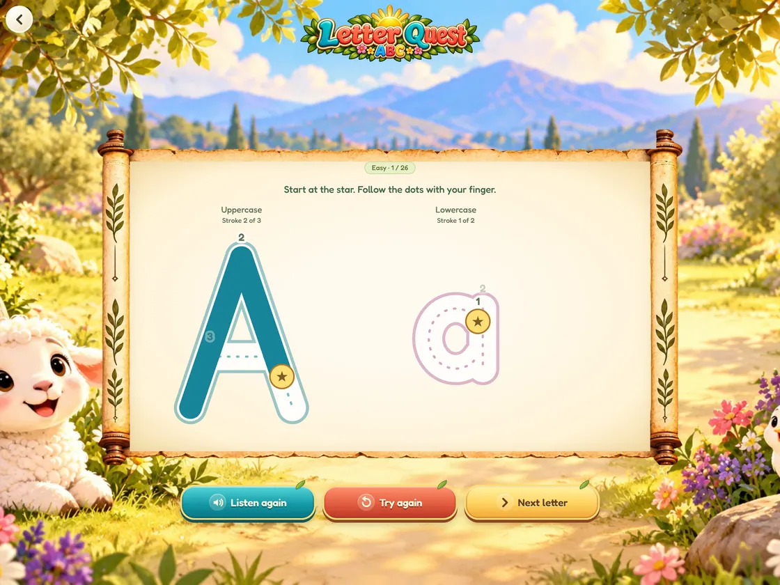 Bible World Letter Quest screen on iPad