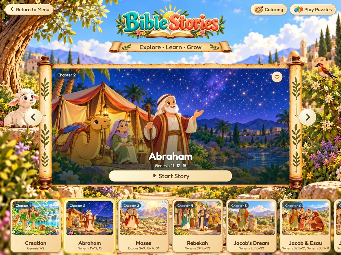 Bible World Bible stories screen on iPad