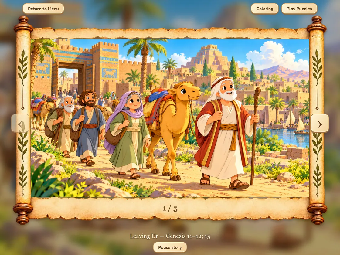Bible World narrated story screen on iPad