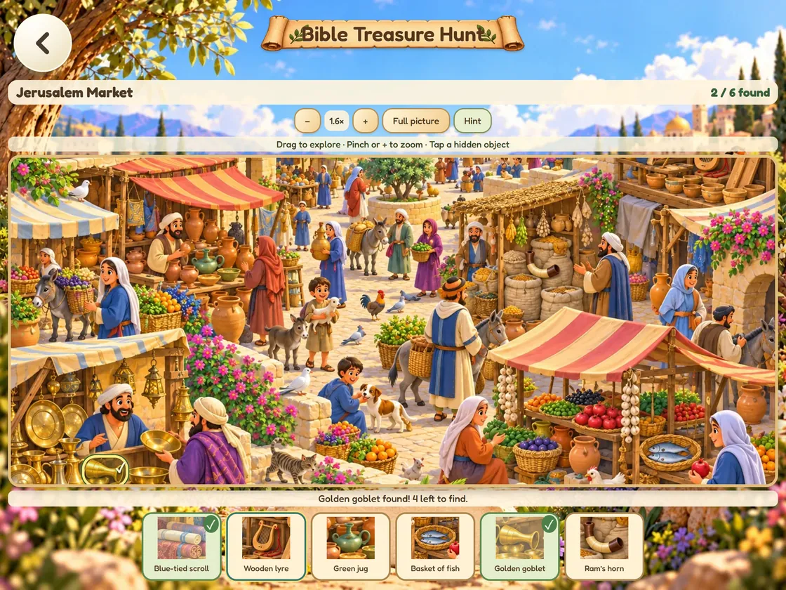 Bible World Bible Treasure Hunt screen on iPad