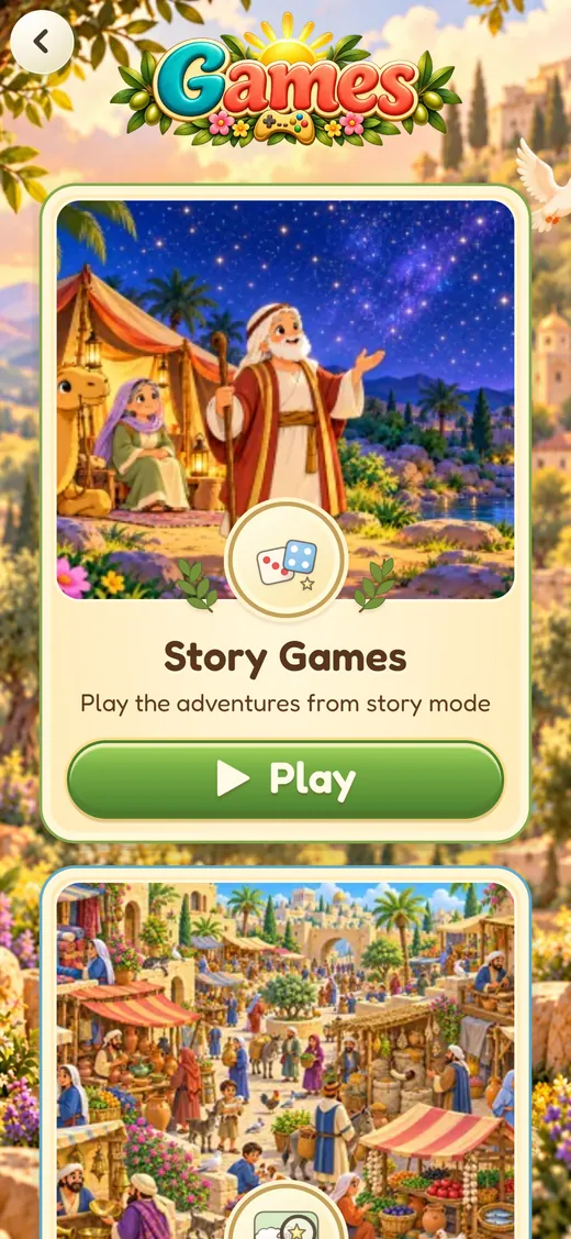 Bible World games menu screen on iPhone