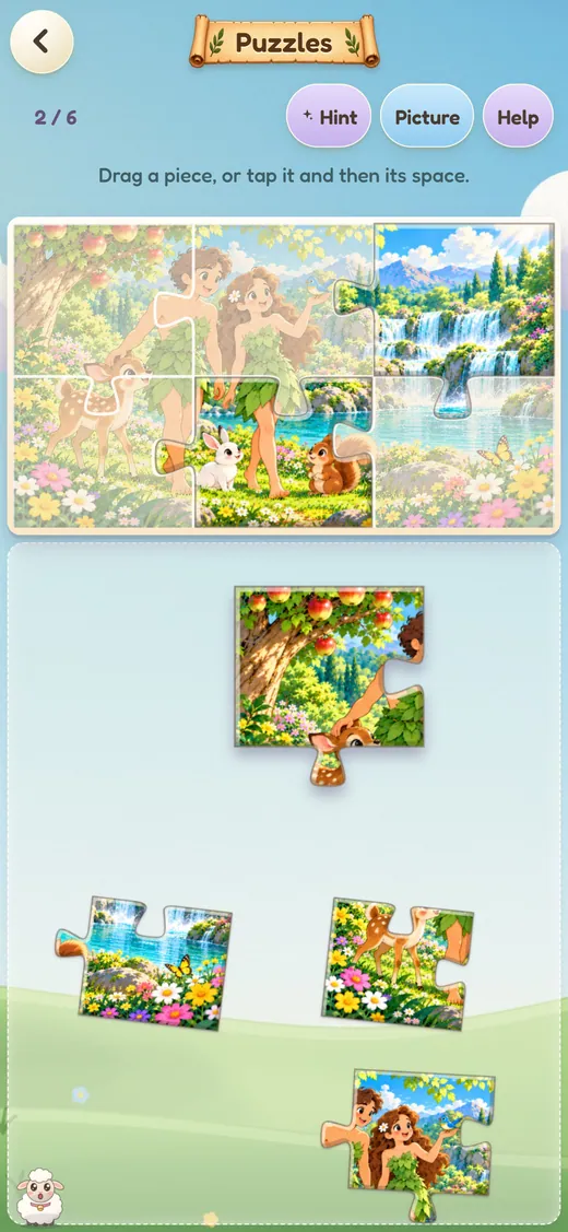 Bible World jigsaw puzzle screen on iPhone