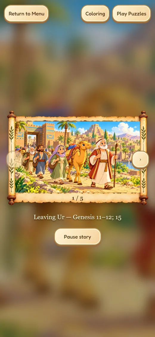 Bible World narrated story screen on iPhone