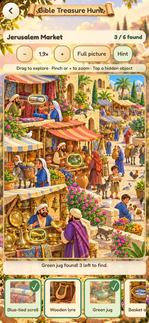 Bible World Bible Treasure Hunt screen on iPhone