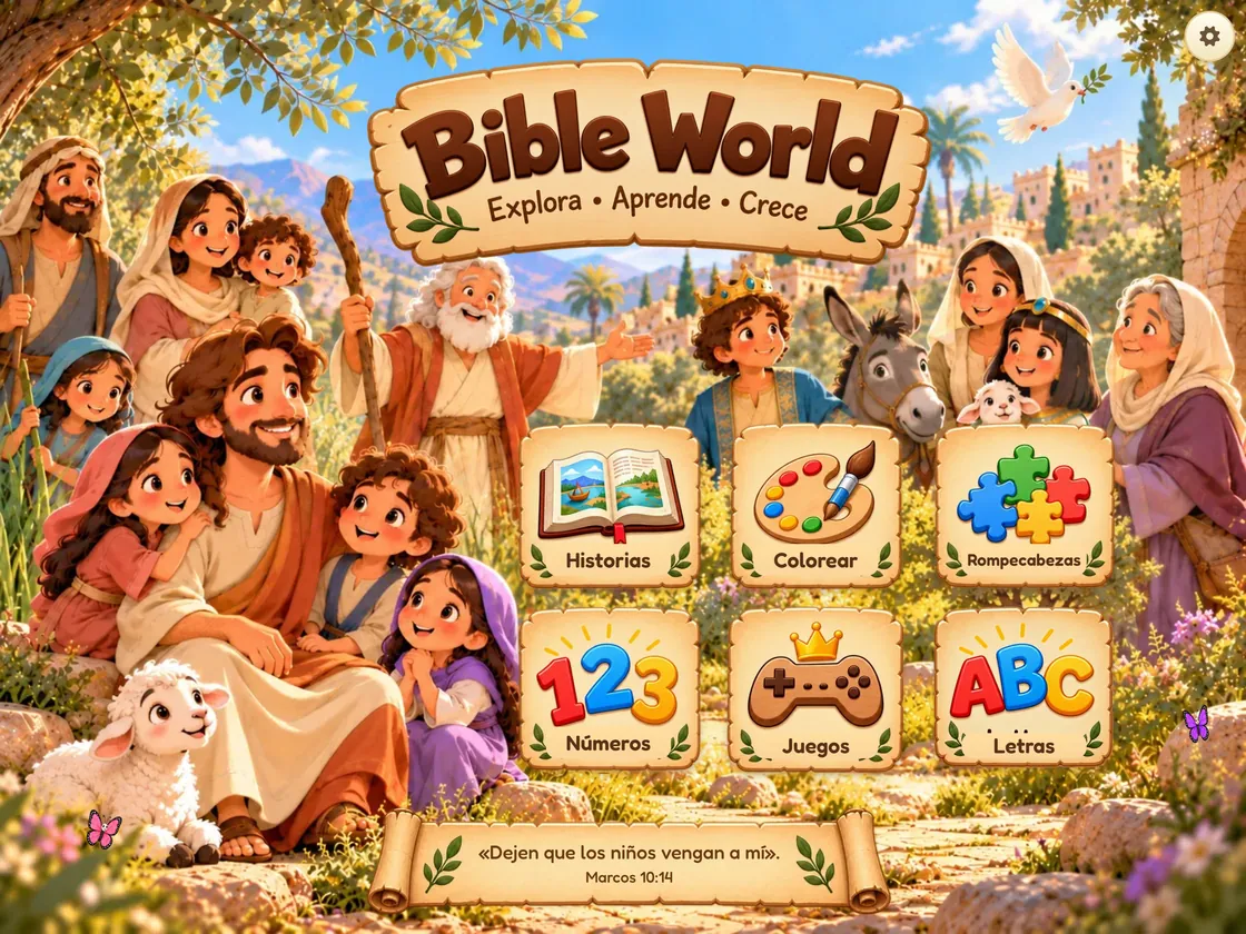 Pantalla de inicio de Bible World en iPad
