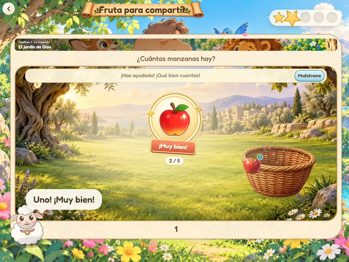 Pantalla de Aventura de números de Bible World en iPad