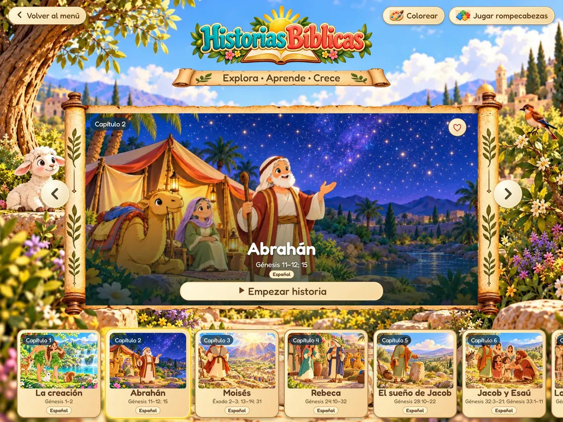 Pantalla de historias bíblicas de Bible World en iPad