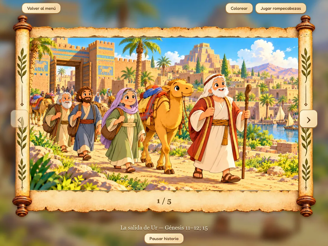 Pantalla de historia narrada de Bible World en iPad