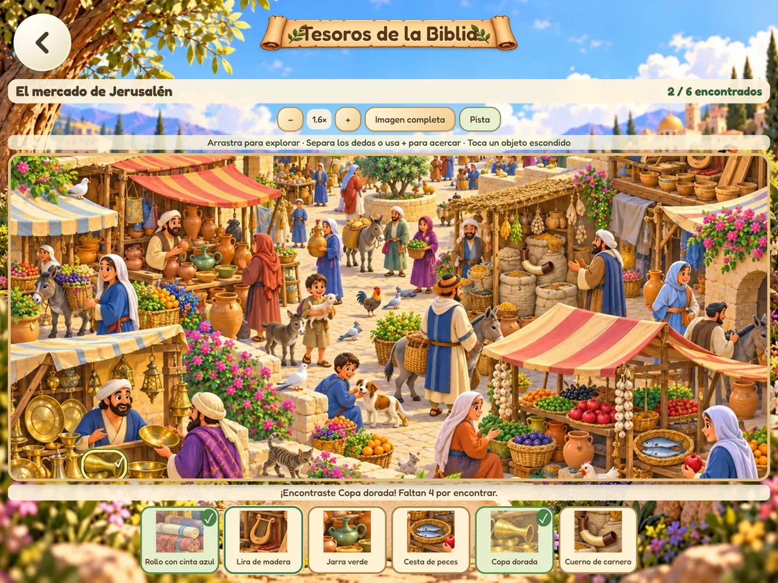 Pantalla de Tesoros de la Biblia de Bible World en iPad