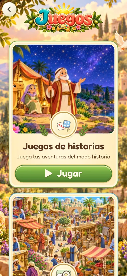 Pantalla de juegos de Bible World en iPhone