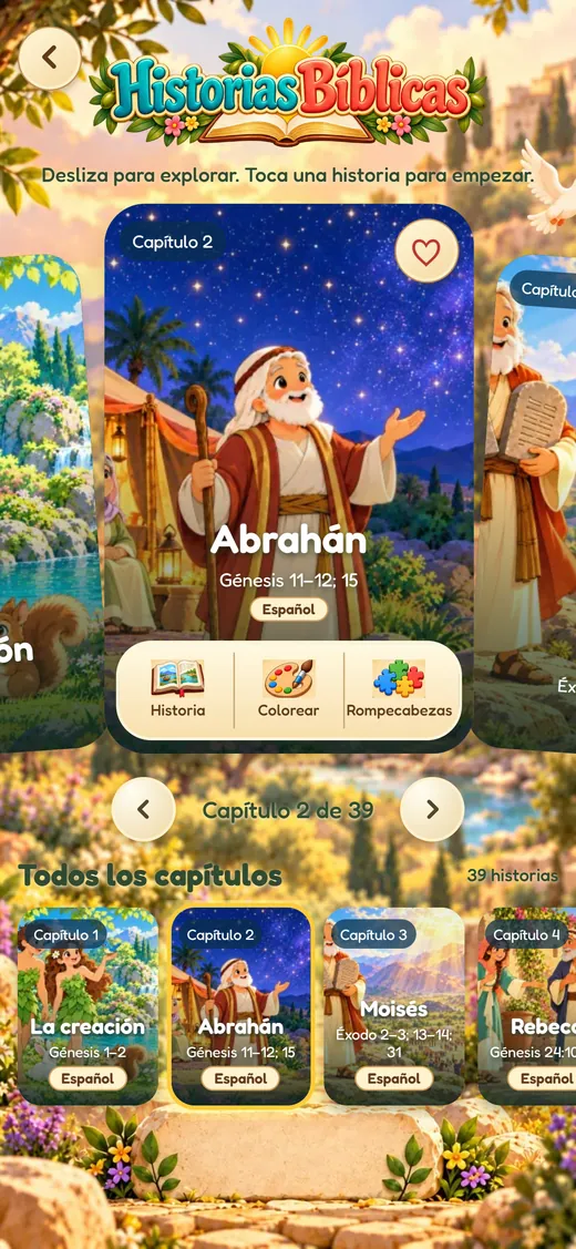 Pantalla de historias bíblicas de Bible World en iPhone