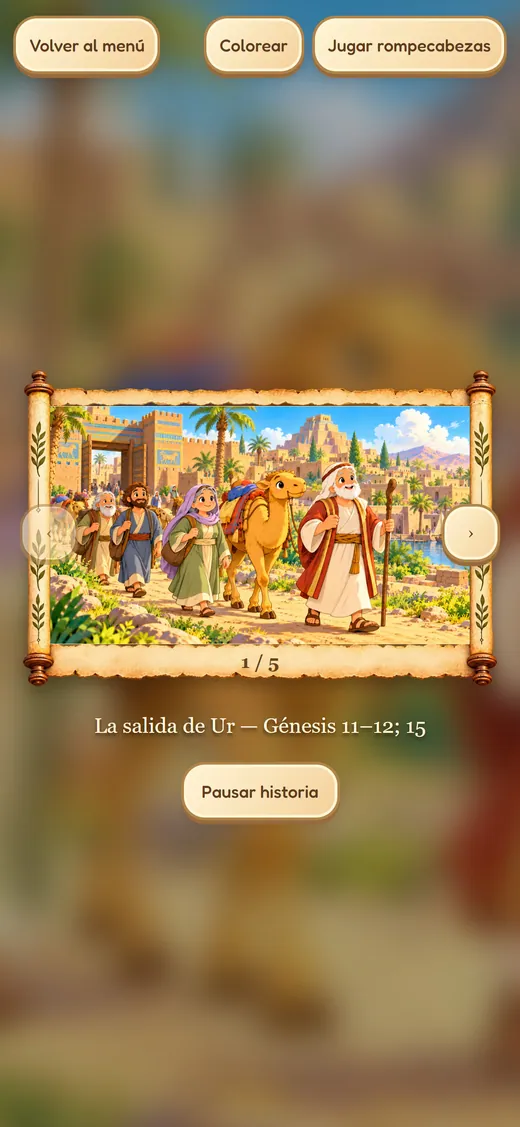 Pantalla de historia narrada de Bible World en iPhone